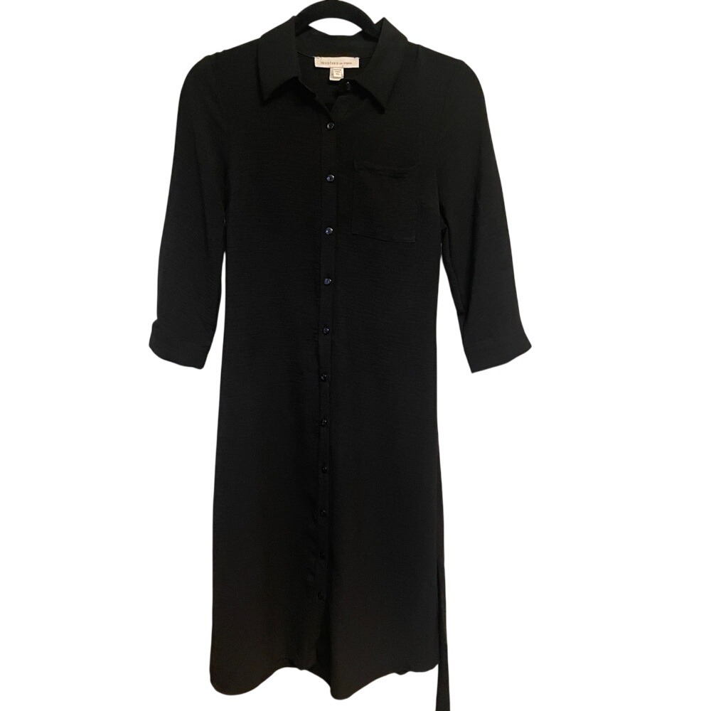 Monteau Los‎ Angeles Black Button Down Shirt Dress 3/4 Sleeve Tie Waist XS